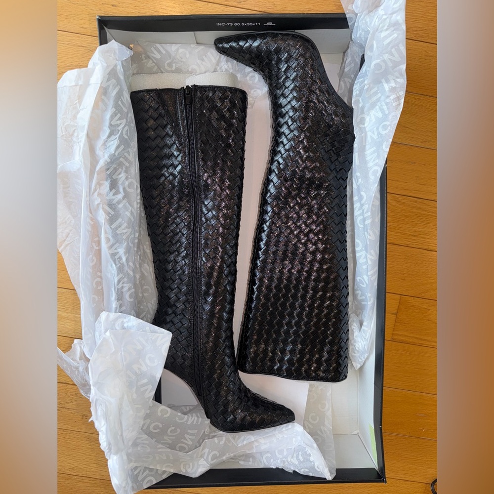 INC International Concepts Savoniap Black Woven Knee-High Boots Stiletto Heel 5 - Picture 8 of 9